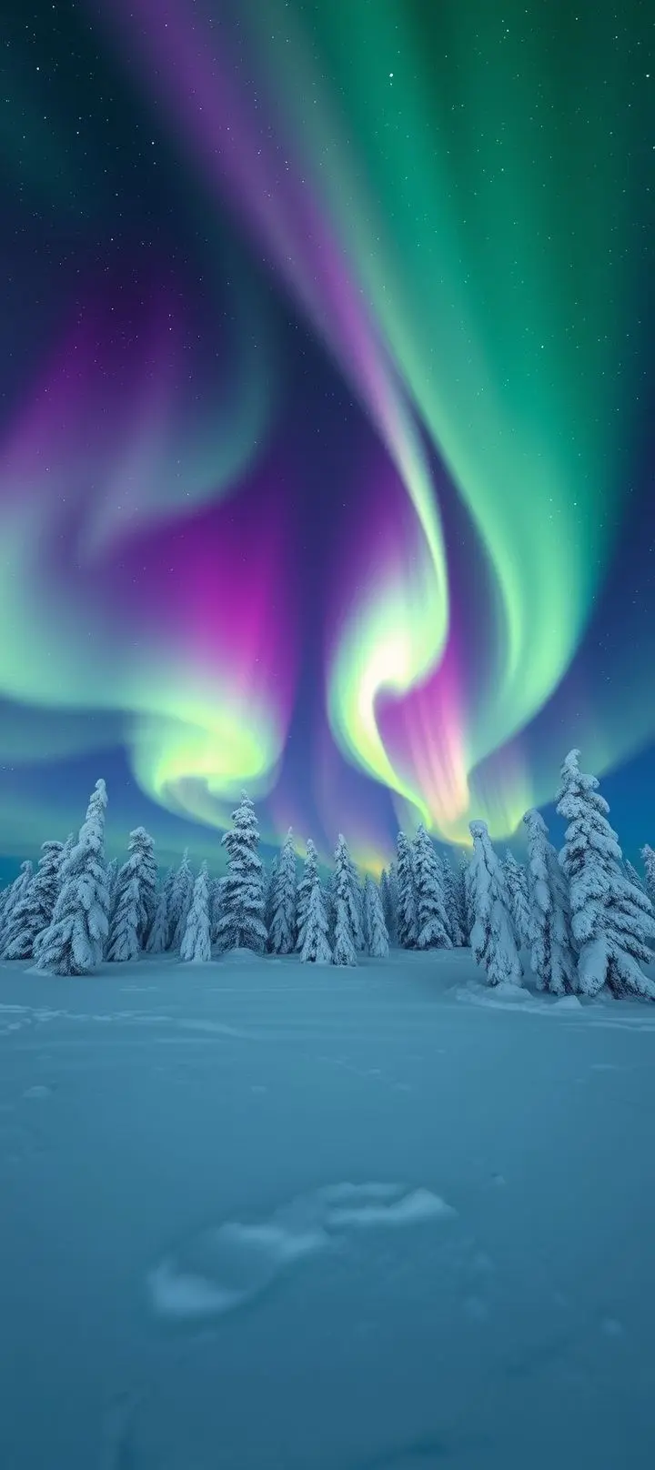Northern Lights in polar night sky over snowy Arctic landscape