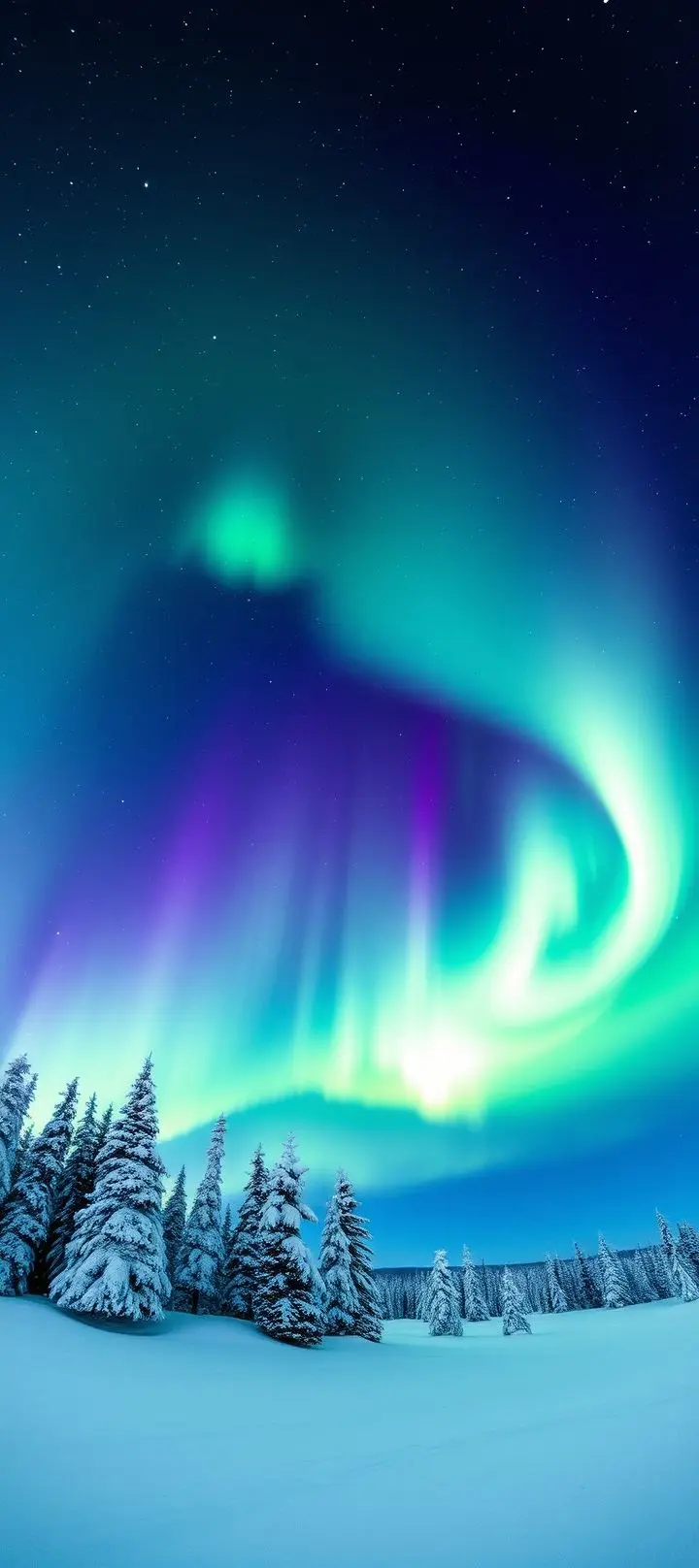 Northern Lights above a snowy Arctic landscape.