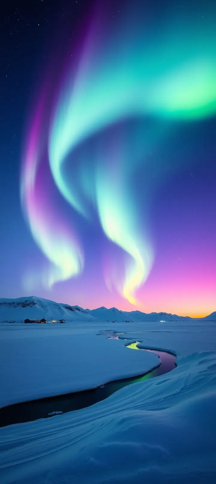 Northern Lights (Aurora Borealis) in green, purple, and pink over a snowy, icy landscape.