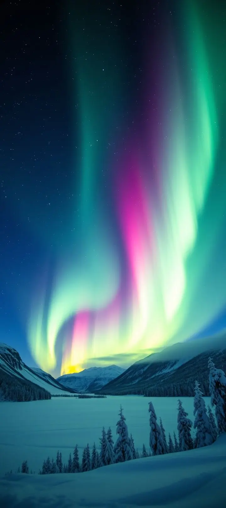 Northern lights dancing in the polar night sky above a snowy landscape.