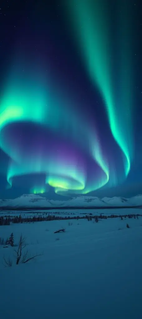 Aurora borealis shimmering in the polar night sky.