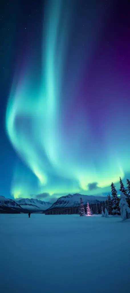Northern Lights shimmering in a dark sky over a snowy landscape.