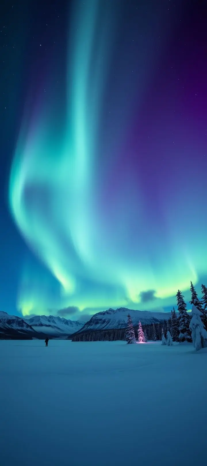 Northern Lights shimmering in a dark sky over a snowy landscape.