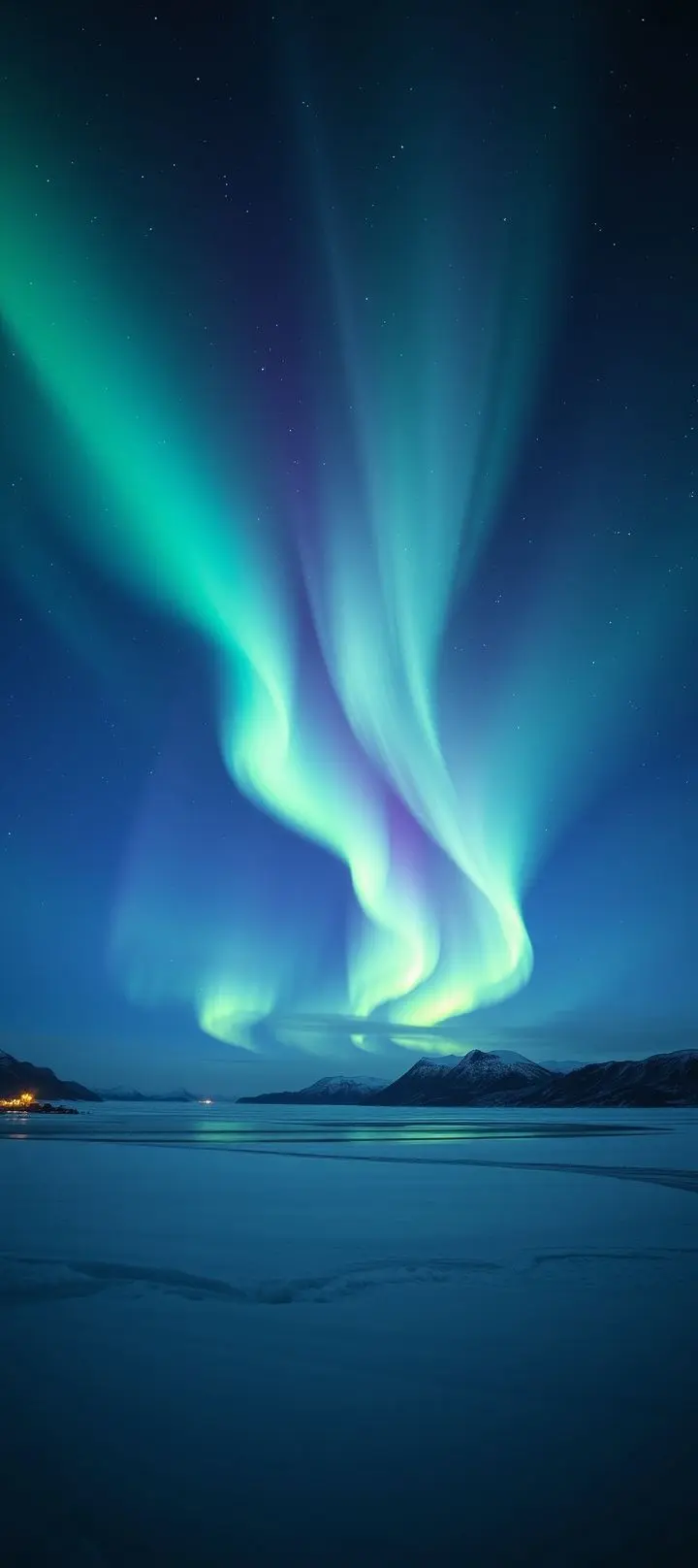 Vibrant aurora borealis in green, purple, and blue over snow-covered fjords and mountains.
