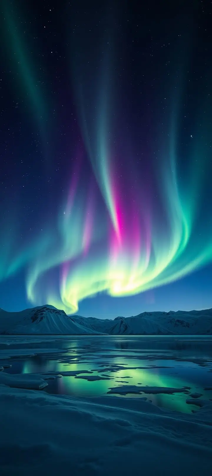 Arctic polar night sky with vibrant aurora borealis reflecting on snow and ice.