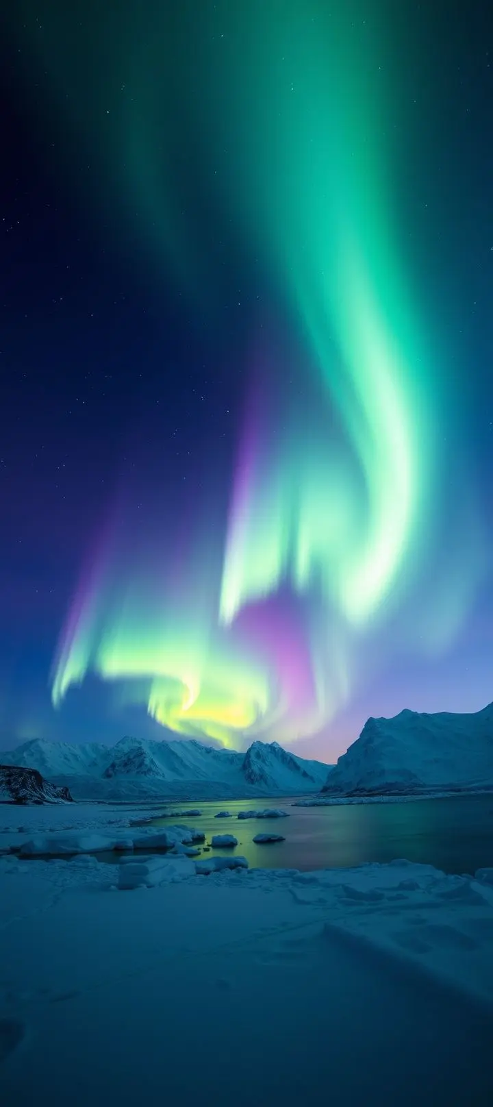Northern Lights in polar night sky over snowy Arctic landscape and fjords.