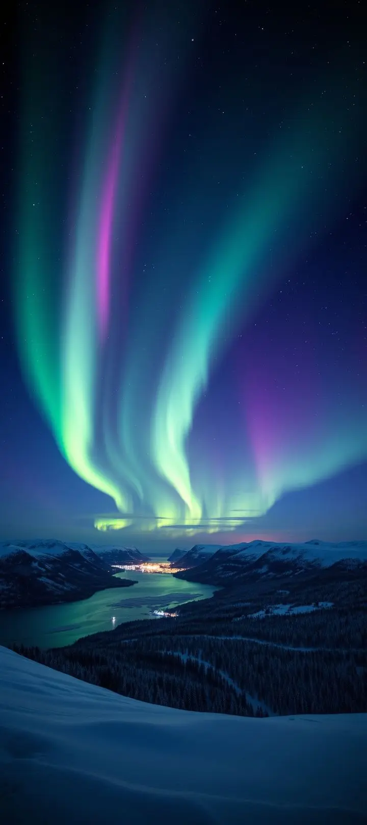 Green, pink, and violet auroras shimmer over a winter scene with fjords and forests.