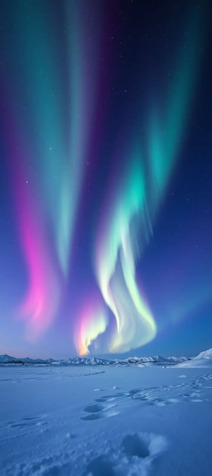 Vivid Northern Lights in green, pink, and violet over a snow-covered landscape.