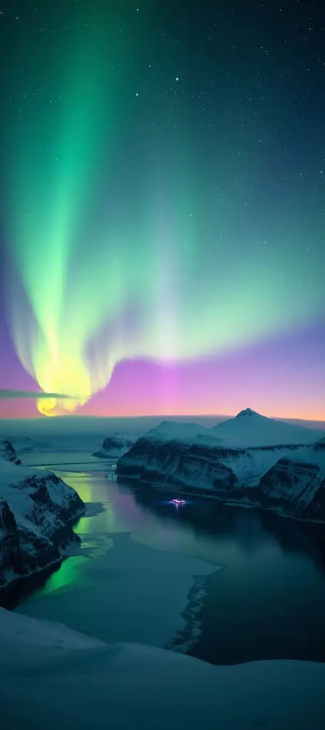 Northern lights shimmering green and purple over a snowy Arctic landscape with glaciers.