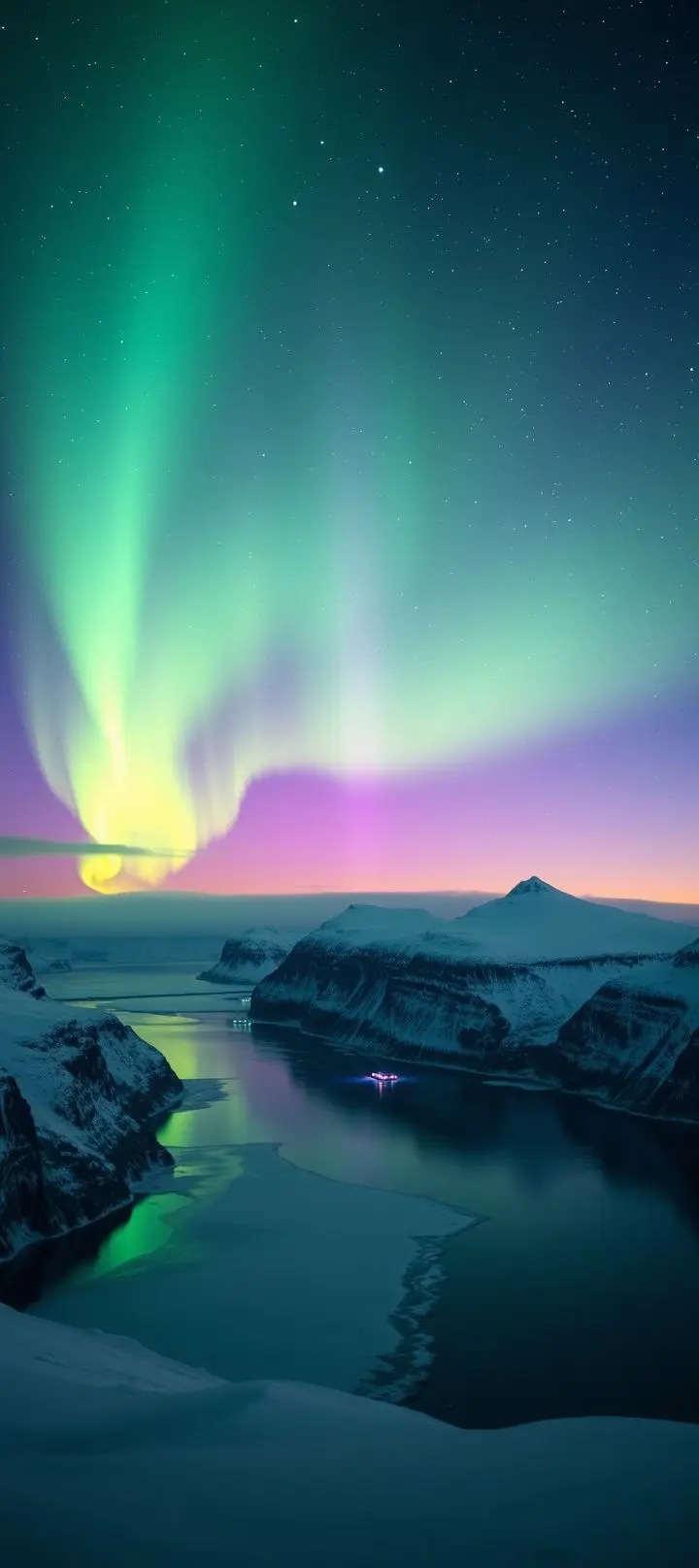 Northern lights shimmering green and purple over a snowy Arctic landscape with glaciers.