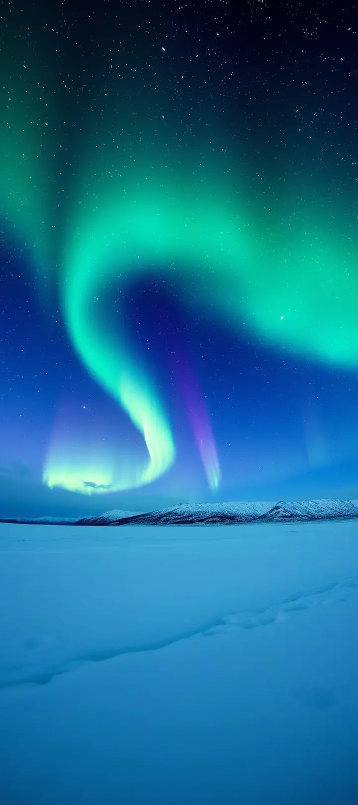 Aurora borealis lights over a snowy landscape with mountains and stars.