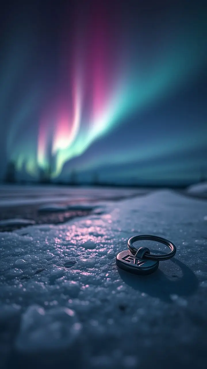 Keychain charm on icy pavement with aurora overhead, infrared photo.
