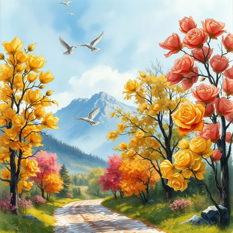 Victorian watercolor sketch of an autumn landscape with colorful trees, reeds, daisies, birds, mountain, and path.