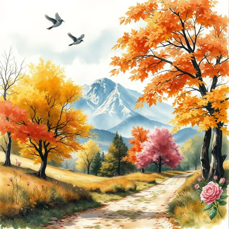 Victorian sketch watercolor of an autumn landscape with colorful trees, reeds, flowers, birds, mountain, and path.