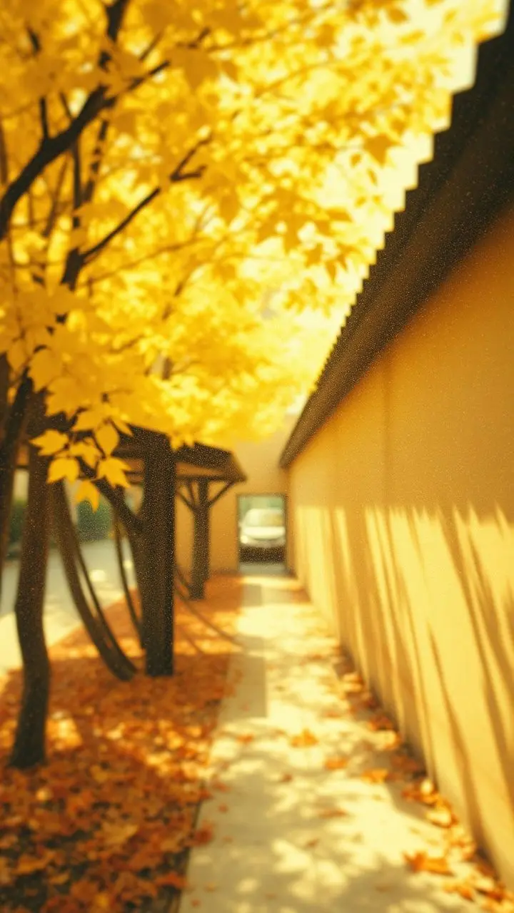 Autumnal twilight with architectural elements blowing in the wind, cross-processed effect.