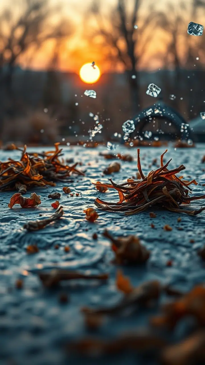 Roasted seaweed on ancient textured surface during twilight with wind-blown ice and boils.