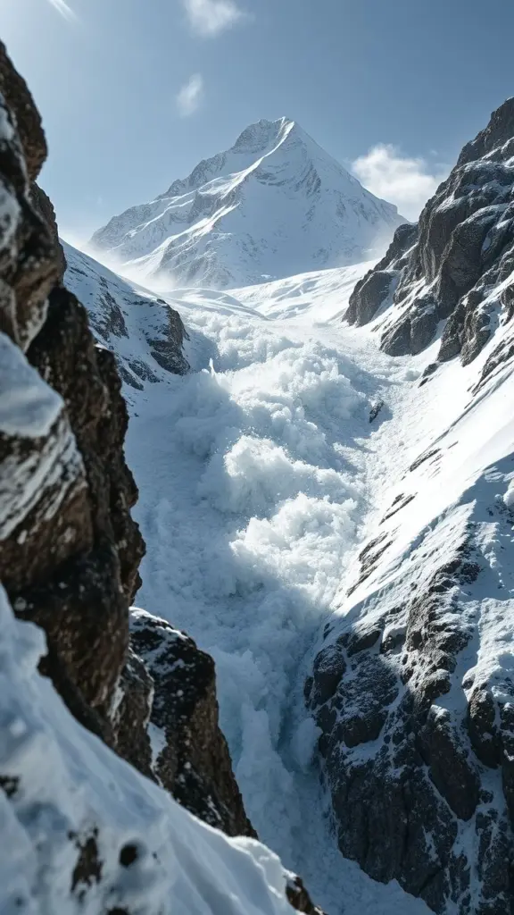 Avalanche cascading down a mountain with Adam's Peak in the background and reflective snow.