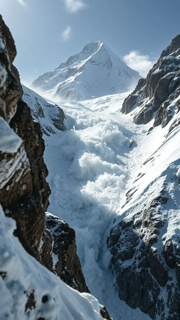 Avalanche cascading down a mountain with Adam's Peak in the background and reflective snow.