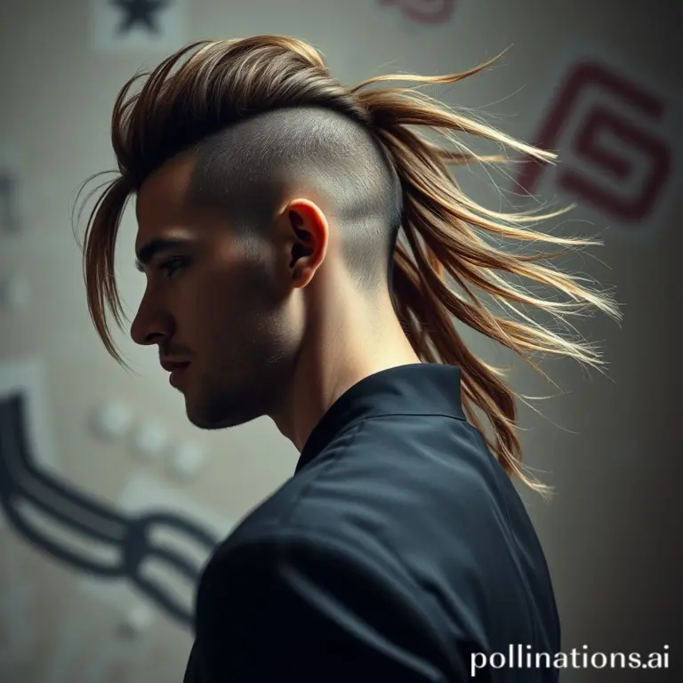 Profile of a man with a flowing horsetail hairstyle, avant-garde fashion.