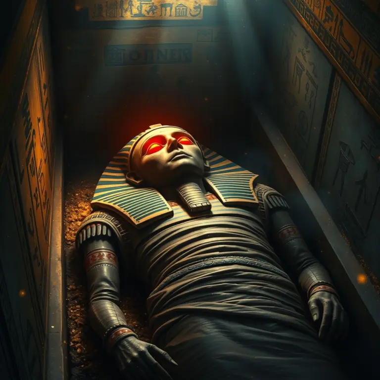 Mummy in decorated coffin, glowing red eyes, tomb, hieroglyphs, gold dust