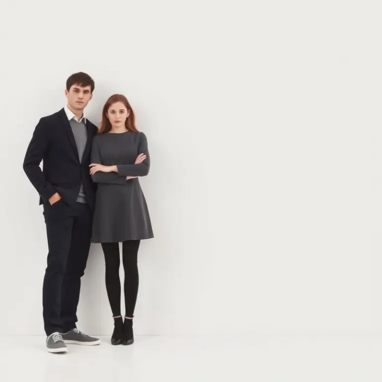 A couple standing awkwardly side-by-side with neutral expressions.
