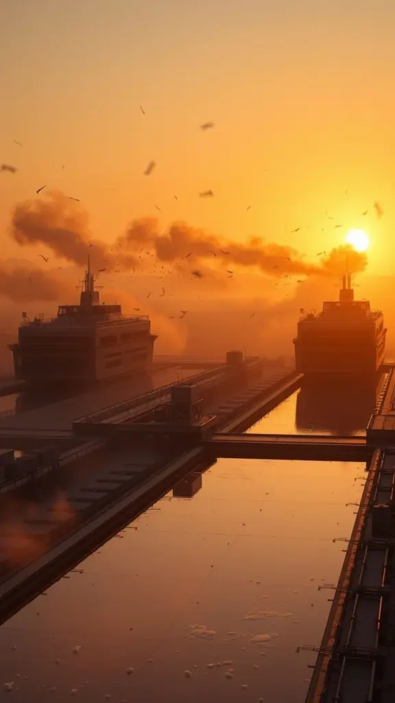 Azerbaijan Centre with Yukon and Duke decks operating under a dusty sunset.
