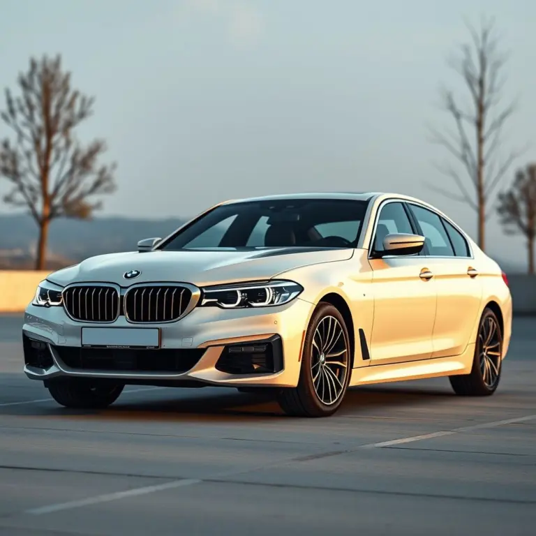 Elegant typography displaying booking information for the 2025/2026 BMW 5 Series, set against a photorealistic automotive background.