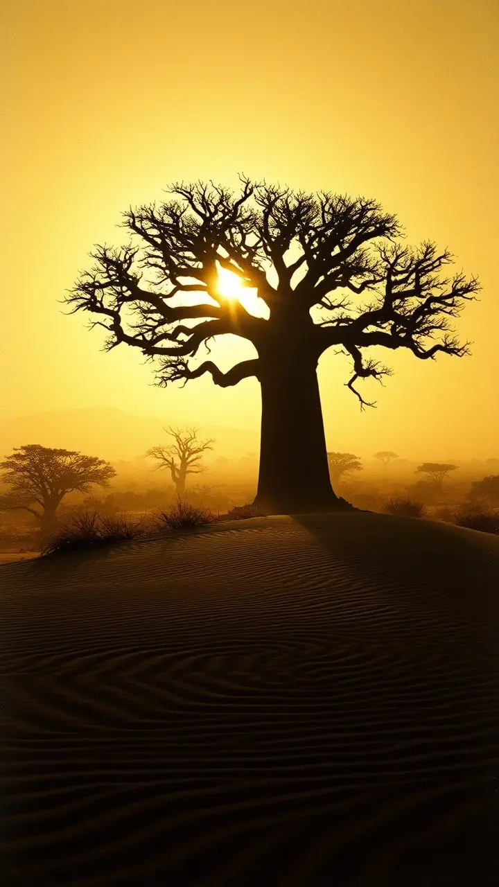 Silhouette of a baobab tree against a bright, hazy sky with sand.