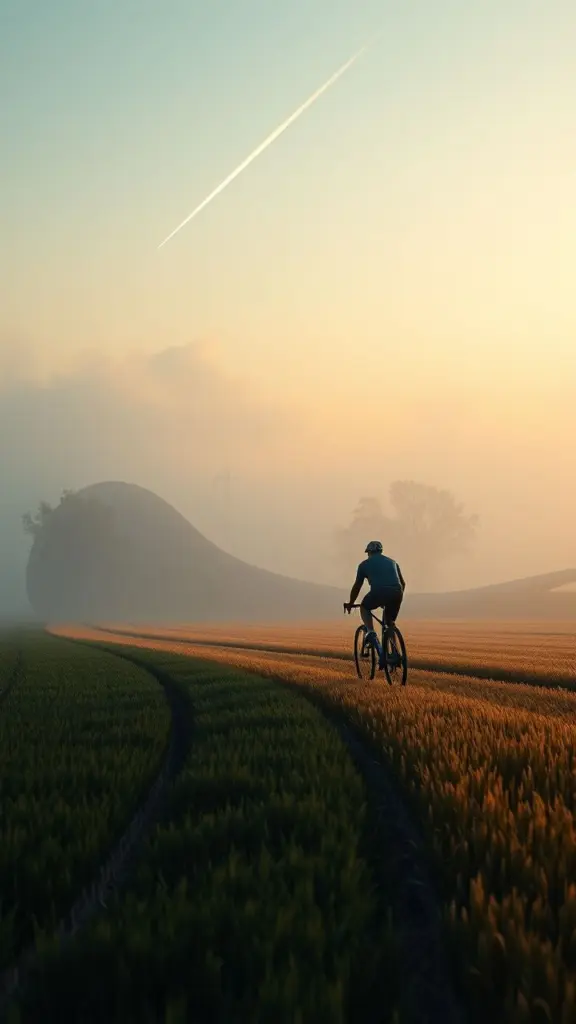 Cyclist in mist with comet overhead and unusual buildings.