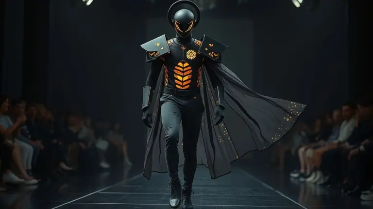 Avant-garde fashion model in black and gold outfit with holographic cape.