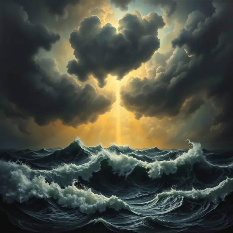 Baroque oil painting of a stormy ocean with a single light beam.