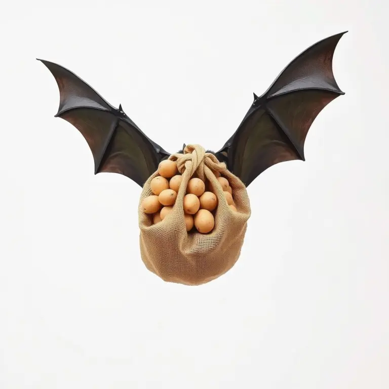 A dark bat carrying a sack of potatoes against a white background.