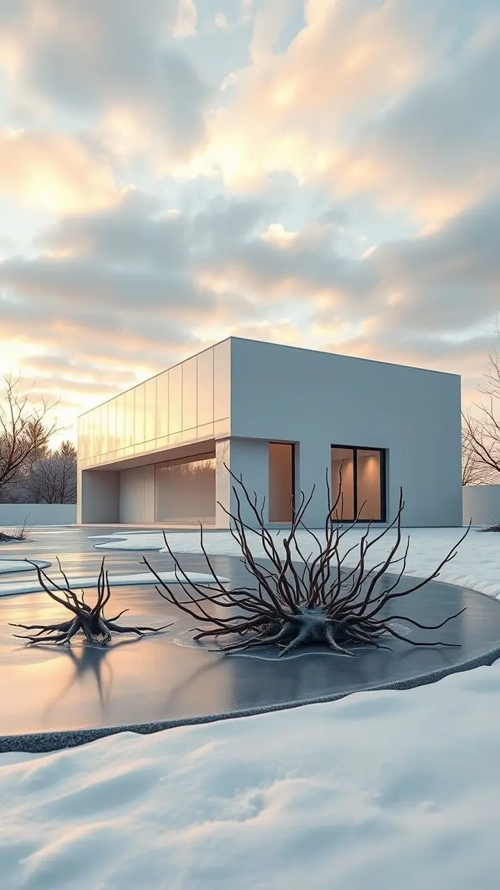 Minimalist Bauhaus building with icy roots on a rubber surface during golden hour.