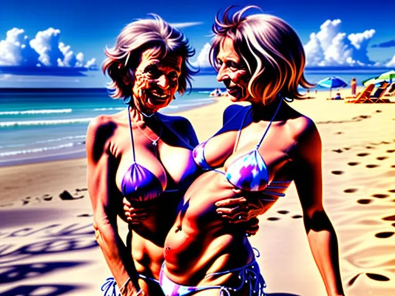A grandmother and a young boy on the beach.