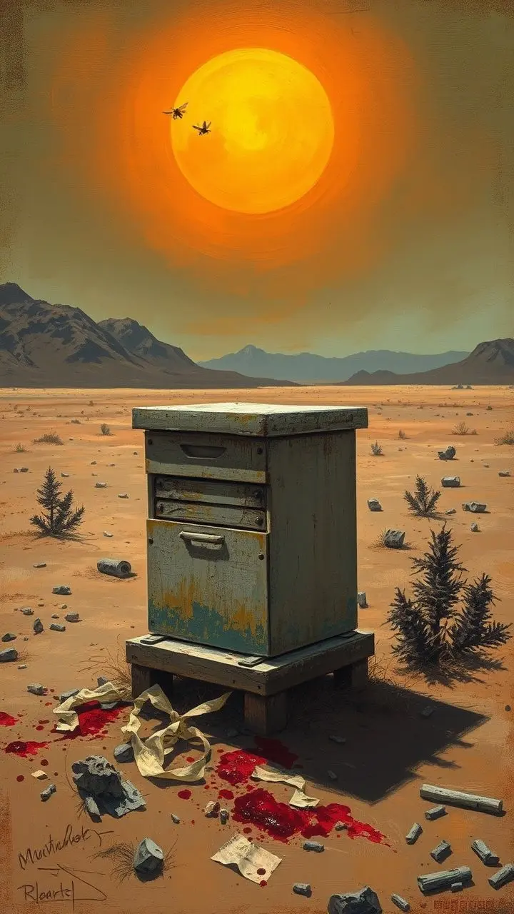 Weathered beekeeping box in a damaged landscape.