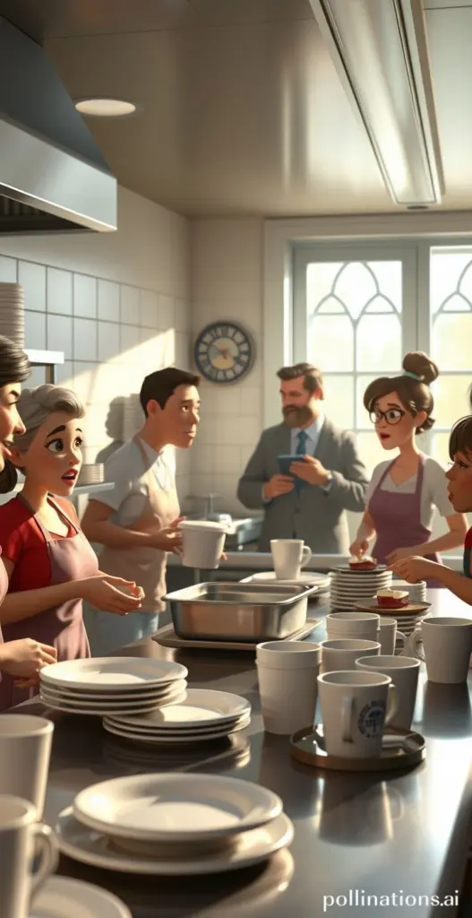 3D cartoon of a church kitchen with volunteers preparing food.