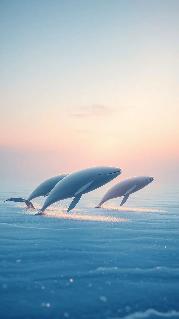 Beluga whales emerging from icy water at dawn with vaporwave lighting.