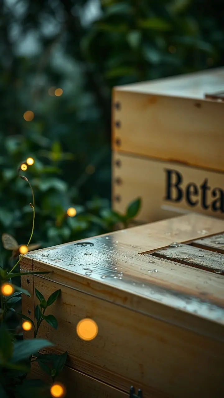 Realistic image of a 'Beta' labeled beehive with water droplets, surrounded by green plants and glowing fireflies at dusk.