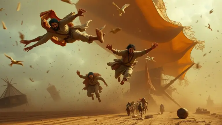 Men flying in a stormy desert with collapsing structures.