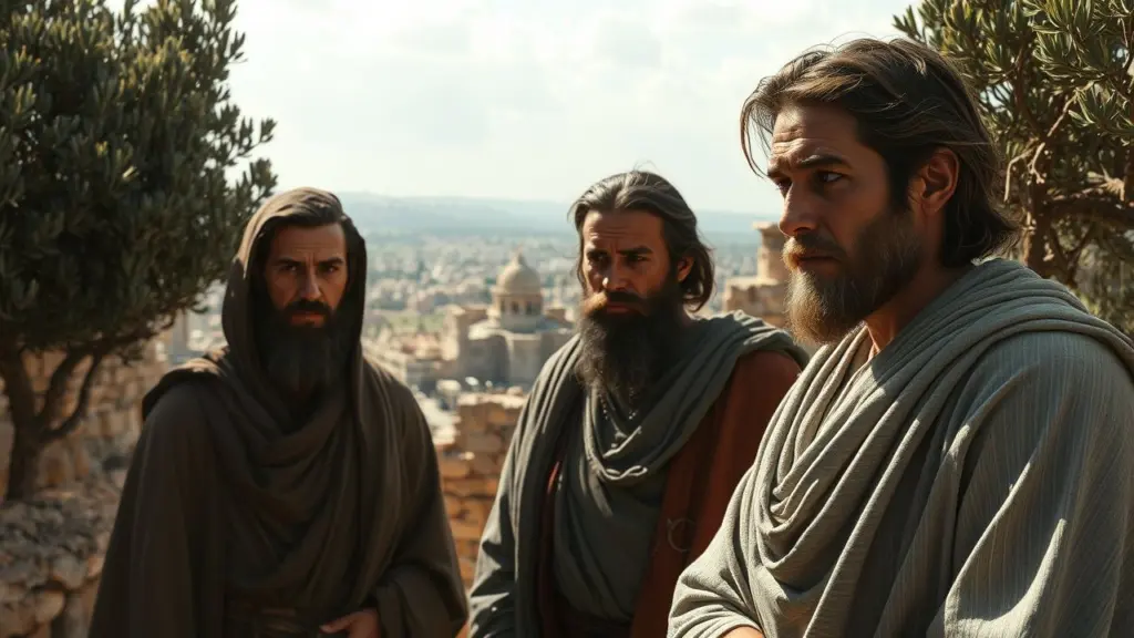 Biblical characters in ancient Jerusalem with olive trees and stone walls.