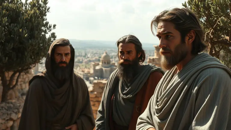 Biblical characters in ancient Jerusalem with olive trees and stone walls.