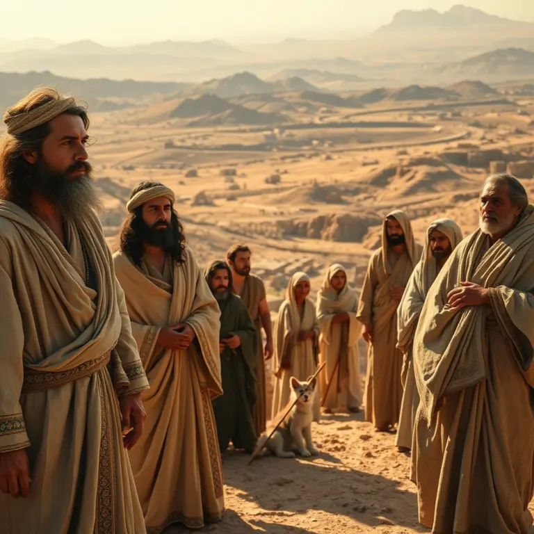 Photorealistic depiction of a biblical scene with prophets and villagers in an ancient Middle Eastern landscape.