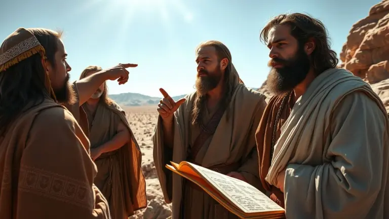 Biblical characters in ancient landscape looking at sky signs.