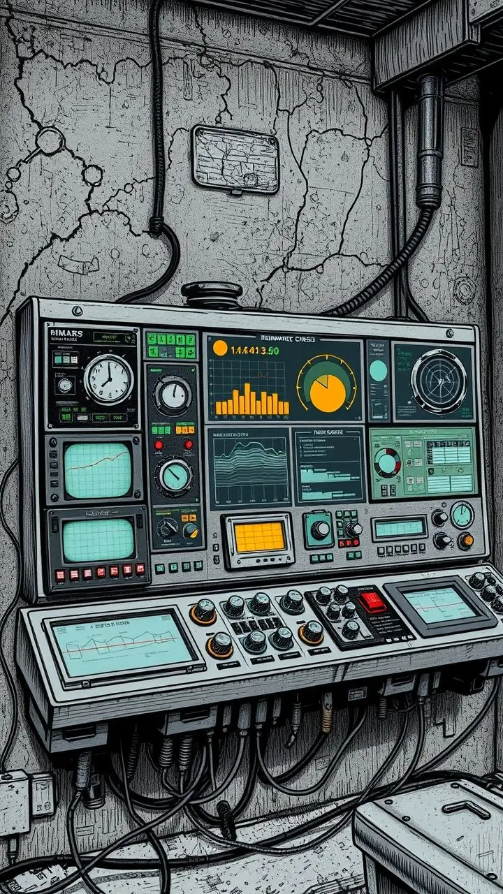 Control panel with biodiversity data and crisis indicators in a gritty, comic book style.