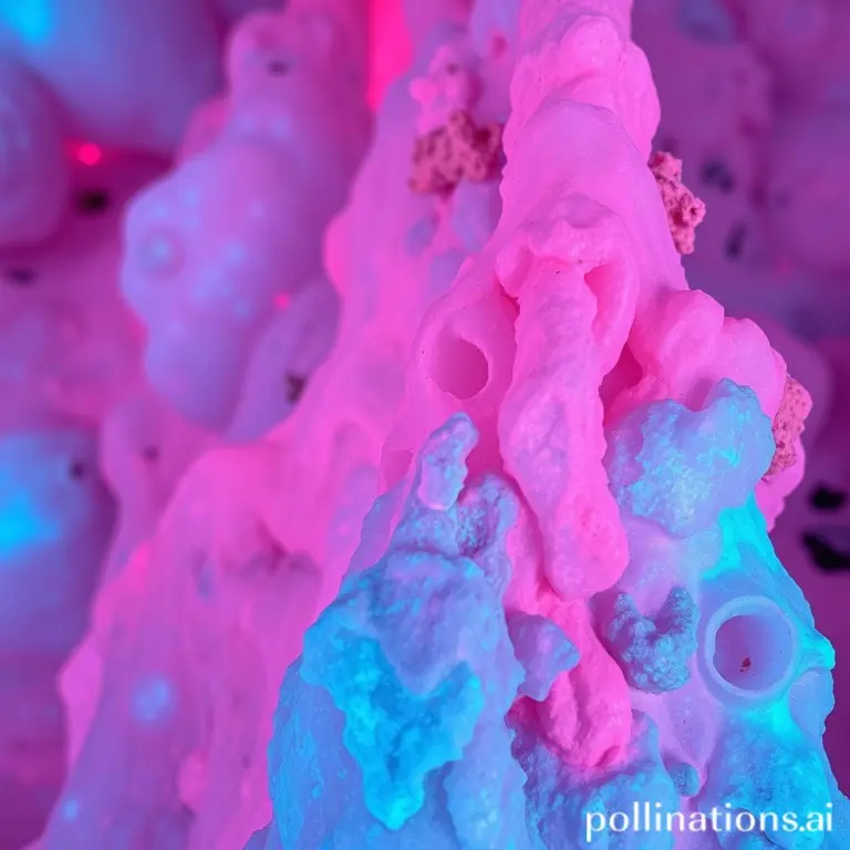 Close-up of pink and blue bioluminescent cave wall texture.