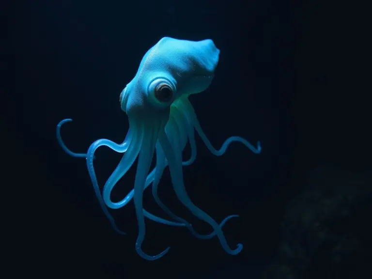 Deep sea creature with glowing tentacles in the dark ocean.
