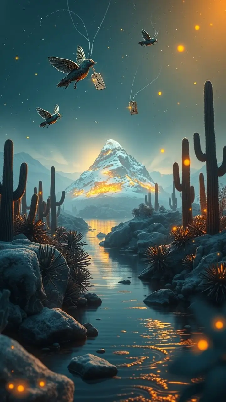 Bioluminescent desert island with glowing cacti and a reflective river.