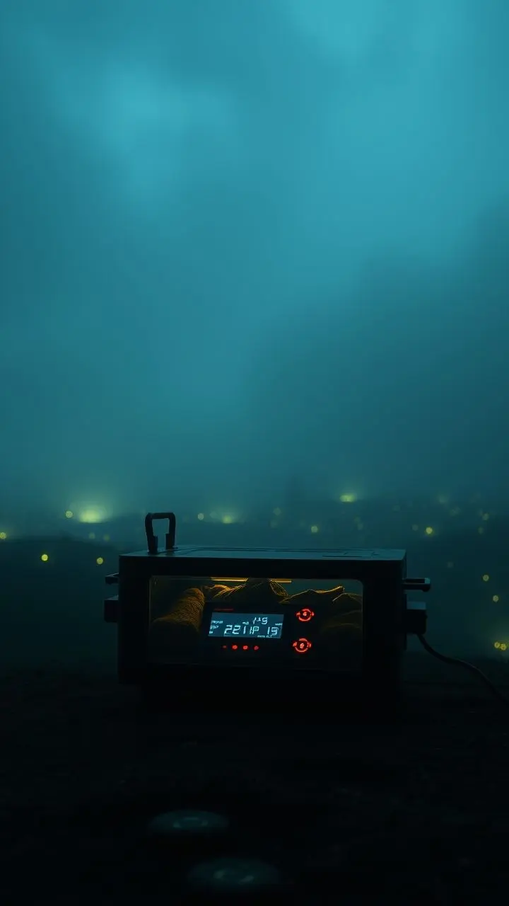 Sous vide machine in foggy, bioluminescent landscape, film noir style.