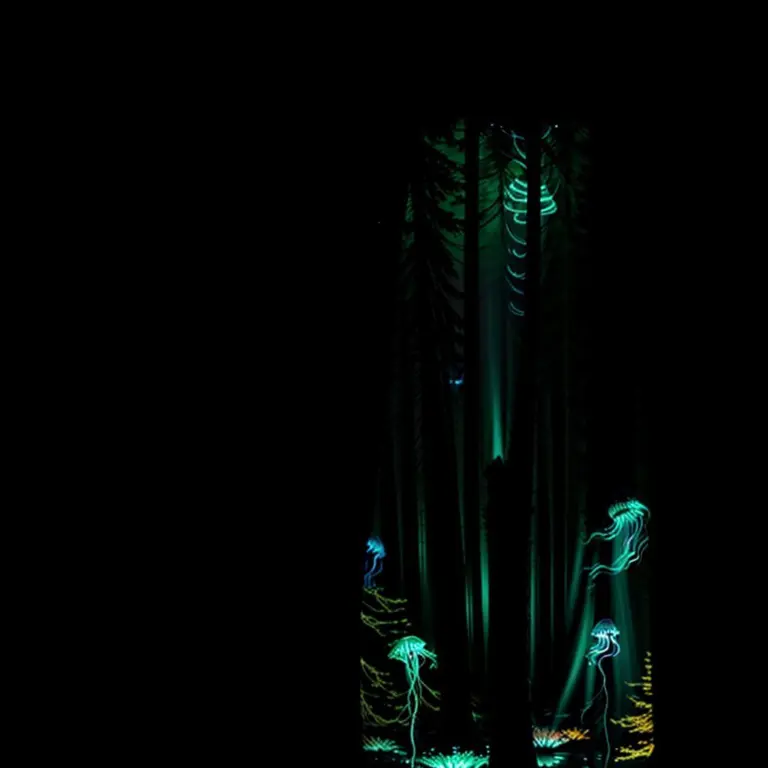 Dark forest with glowing jellyfish