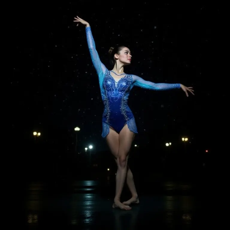 Gymnast in a glowing leotard performing under streetlights in the rain.